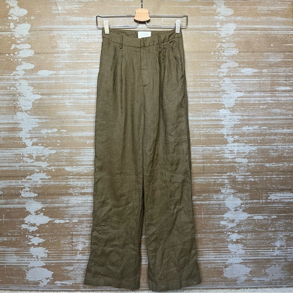 Dissh Norah Natural 100% Linen Pants High Rise Wide Leg Green Career Womens 2